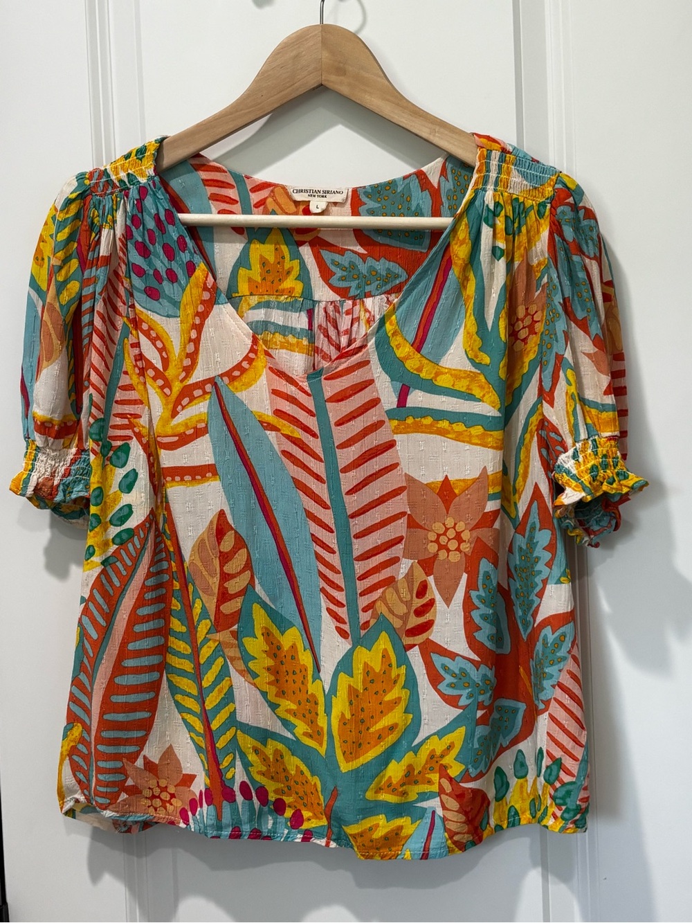 Christian Siriano Bright Floral Peasant Blouse - Yellow/Teal/Red